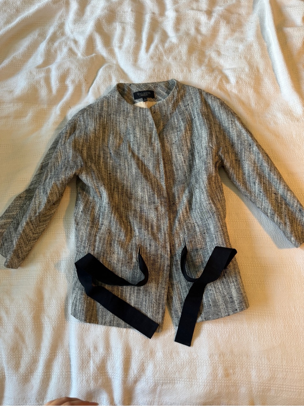Talbots Gray Tweed Collarless Jacket with Black Ribbon Ties